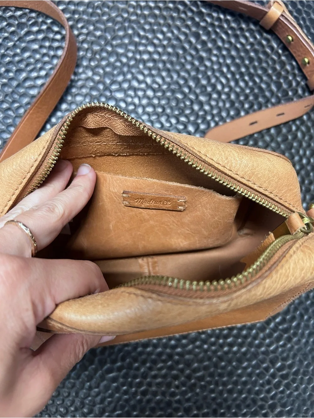 Madewell Leather camera Crossbody Bag with  Striped Adjustable Strap